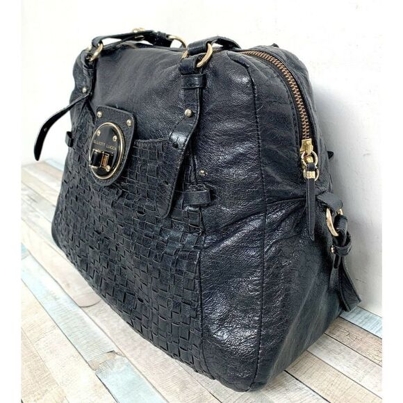 Elliott Lucca WOVEN BLACK GENUINE LEATHER ZIP TOP SHOULDER BAG HANDBAG HOBO TOTE - Picture 4 of 10
